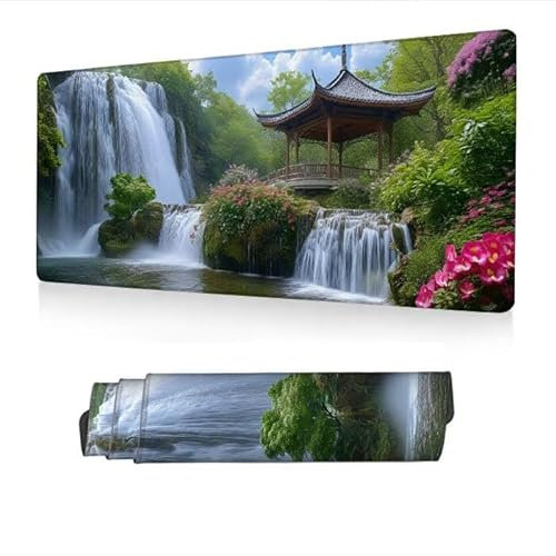 Large Mouse Mat 1200x400x3mm,Mouse Pad Waterfall Desk Mat,Mousepad Pavilion Desk Pad with Non-Slip Rubber Base,Keyboard Pads with Waterproof Surface,Stitched Edges Mousemat,Computer Accessories S1-868