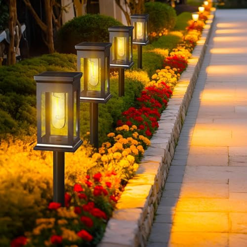 Akynite Luci Solari da Giardino Esterno, max. 55CM Altezza, 4 pezzi Lampade Solari da Giardino Luce Bianca Calda, Auto on off IP65 Impermeabile Luce Solare LED per Sentieri Percorso Cortile