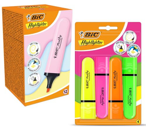 BIC Evidenziatore piatto rosa pastello confezione da 12 e colori neon assortiti confezione da 4 punte a scalpello ad asciugatura rapida inchiostro a base d'acqua colori fluorescenti brillanti corpo in