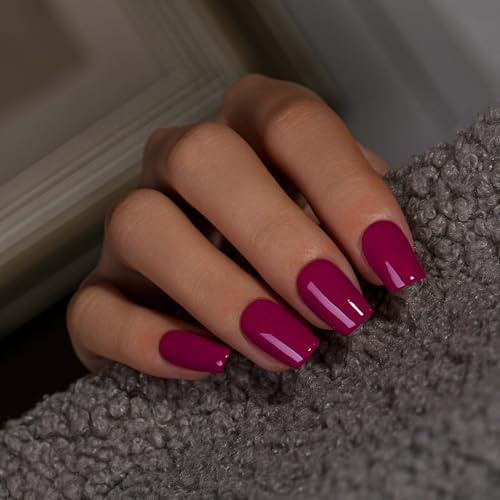 KQueenest Berry Purple Press on Nails Short Medium Square, Short False Nails with Glue, Glossy Plum Purple Fake Nails Press ons, Natural Fit, Coffin Reusable Gel Stick on Nail for Women 28 Pcs