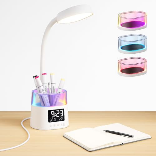 Bokefo LED Desk Lamp with Pen Holder & RGB Ambient Lights, 3 Colors Stepless Dimming Table Lamp, Clock & Timer & 360°Flexible Gooseneck Bedside Lamp for Student Gift