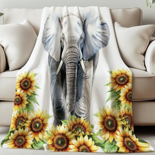 GLOBLELAND Geschenk Decke 150x130CM Elefanten Mama/Papa Geschenk Geburtstagsgeschenk Geschenke für Frauen Männer Sonnenblume Wohn-Decke Flanell Kuscheldecke