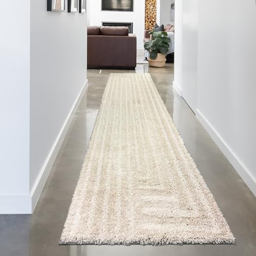 CARPETIA Hochflor Läufer Flur Diele Wohnzimmer modern rutschfest robust pflegeleicht weich dekorativ allergikerfreundlich stilvoll Creme 80 x 300 cm