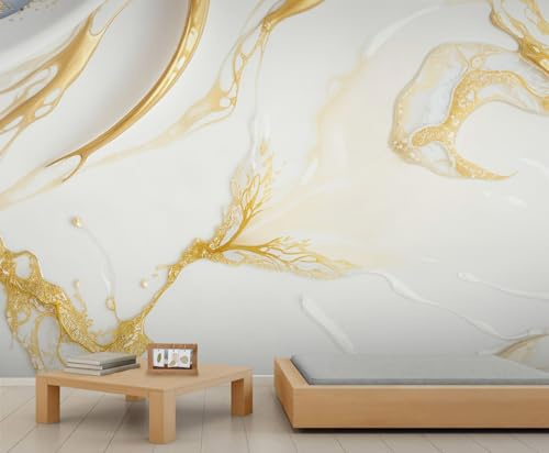 Luxury White Gold Wallpaper Simple Abstract Marble Mural Wallpaper Abstract Fluid Art Wall Murals Interior Decor Mural for Bedroom Bathroom Kitchen 150 x 100 cm