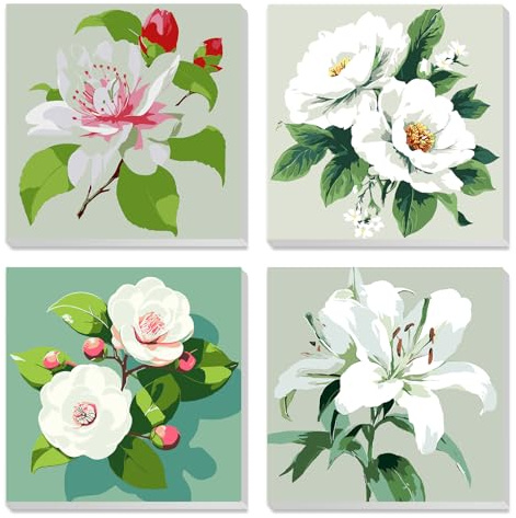 MXJSUA 4 Pack Framed Canvas Paint by Numbers for Kids Adults, White Flowers Paint by Numbers Kit for Children Beginners, DIY Acrylic Painting Craft Kits for Home Wall Decor, 20x20cm