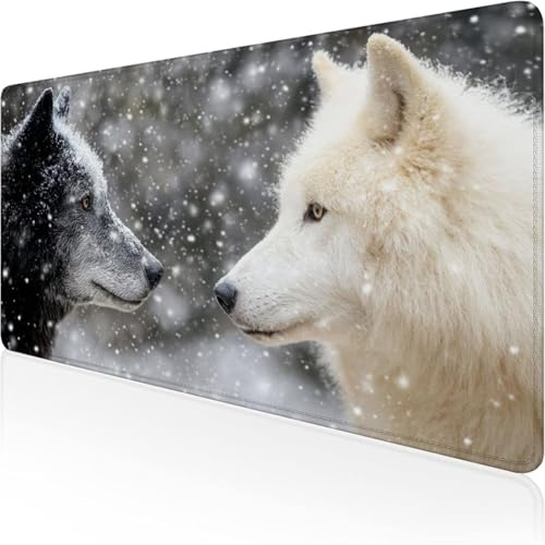 Tapis de Souris Blanc Tapis de Souris Gamer 1600x800x3mm Grand Sous Main Bureau Loup Modèle, Base Antidérapante en Caoutchouc Mousepad, Imperméable Durable Mouse Pad pour PC Gamer & Deco Bureau D1-148