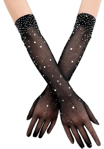 DUOYIJIN Long Fishnet Gloves with Rhinestones Sparkly Glitter Fish Net Gloves for 80s Fancy Dress Evening Party Costume Halloween Cosplay Accessories for Women