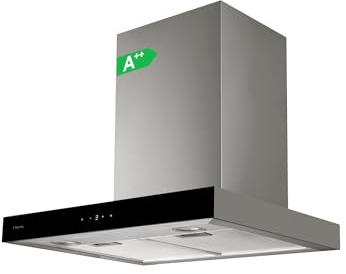 Hotte aspirante 60 cm Type T Classe A++ 3 vitesses + Booster 496 m³/h Filtre métallique lavable Filtre à charbon inclus 65 dB Moteur 70 W Acier inoxydable Couleur noire Cloen AERA