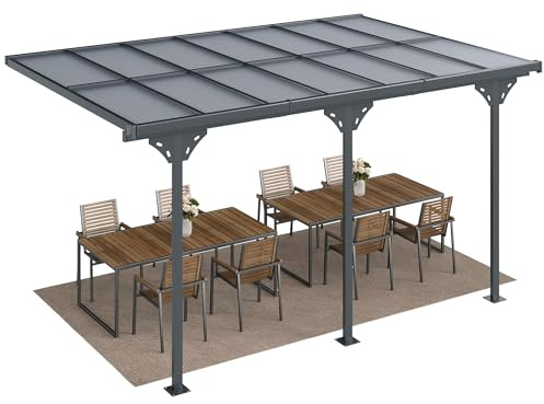 Outsunny Pergola Addossata da Giardino 4.4x3m, Gazebo Pergola per Esterni in Policarbonato e Alluminio, Installazione Regolabile, Grigio
