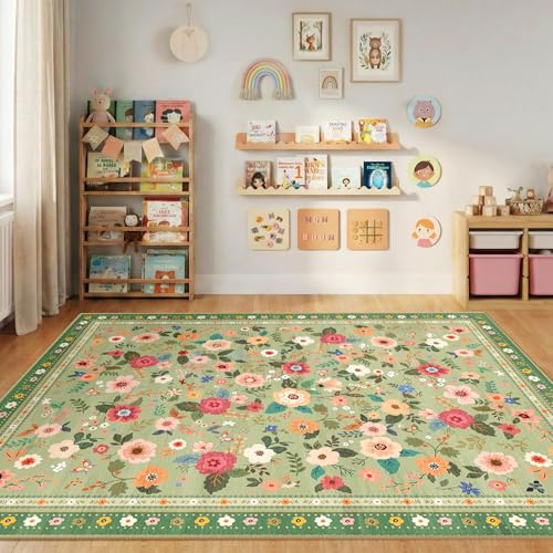 INOVADAY Waschbarer Teppich 150x210 cm Hellgrün Wohnzimmer Teppich | Schlafzimmer, Küche, Eingangshalle, Badezimmer, Esszimmer, Kurzflor, Rutschfest, Blumen Print, Boho, Weich, Pflegeleicht