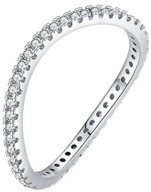 Mesnt White Gold Ring Band, Ladies 9K Gold Wave Eternity Stackable Ring with Moissanite, Size S 1/2