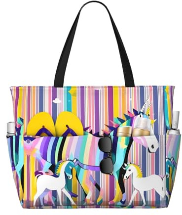 DJNGN Geräumige Strandtasche mit Einhorn- und Streifenmuster, vielseitige, sandabweisende Strandtasche für alle Ihre Bedürfnisse
