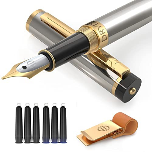 Dryden Designs Fountain Pen and Sleeve PU Leather Clips - Medium Nib 0.5mm | Includes 6 Ink Cartridges (3 Black, 3 Blue) and Ink Refill Converter - Silver