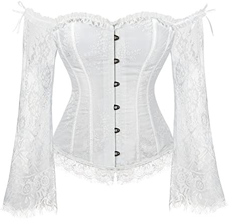 SZIVYSHI Women's Overbust Lace up Back Corset with Shoulder Sleeve and Long Skirt , White -L(Waist:70cm)