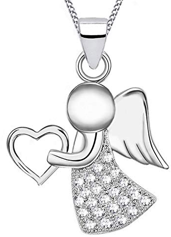 Goldene Hufeisen Schutzengel Herz Zirkonia Anhänger mit Halskette 925 Echt Sterling-Silber (Kristallklar)