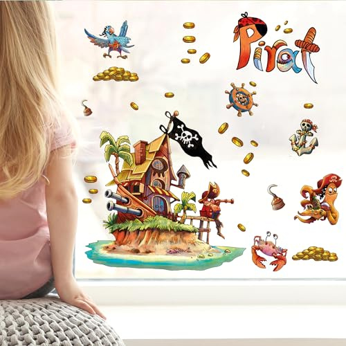 Wandtattoo Loft Fensterbild Kinderzimmer Junge Piraten Motiv – A4 Bogen Wiedervendbar – Fensterdeko Kinderzimmer, Pirateninsel, Deko Set Piraten, Deko Kinderzimmer Jungen, Fensteraufkleber