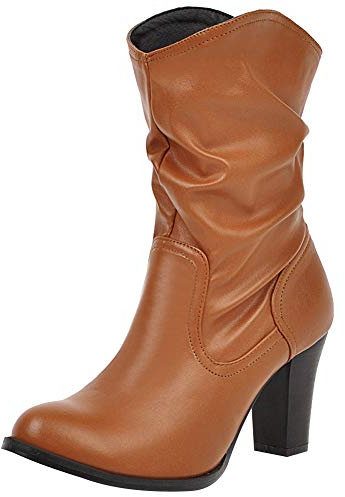 Jamron Mujer Elegante Tacón de Bloque Sin Cordones Botas de Pantorrilla Fruncidas Mullido Botas Holgadas Marrón SN02816 EU38