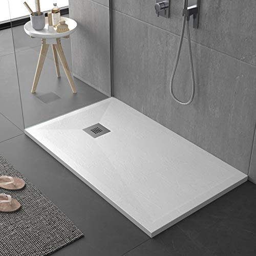 Piatto doccia bianco, in mineralmarmo con effetto pietra ardesia, serie Lion, slim 3 cm, rivestito di Gelcoat, antiscivolo (100x140)