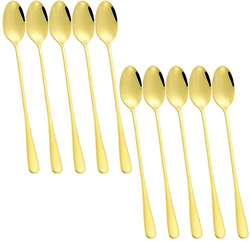 SourceTon - Set di 10 cucchiai da mescolare in acciaio inox, per tè freddo, caffè, cocktail, frappè, bevande fredde, oro