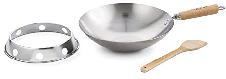 Helen's Asian Kitchen 97146 Wok con fondo rotondo, acciaio al carbonio e bambù, 4 pezzi, taglia unica, nero