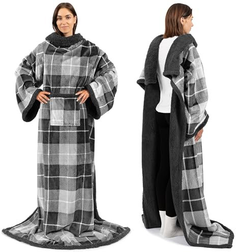 PAVILIA Sherpa Fleece Blanket with Sleeves Women Men Adult, Wearable Blanket Warm Soft Plush Thick, Snuggle Pocket Sleeved TV Throw Wrap, Cozy Ideas Mom Wife, Plaid Gray
