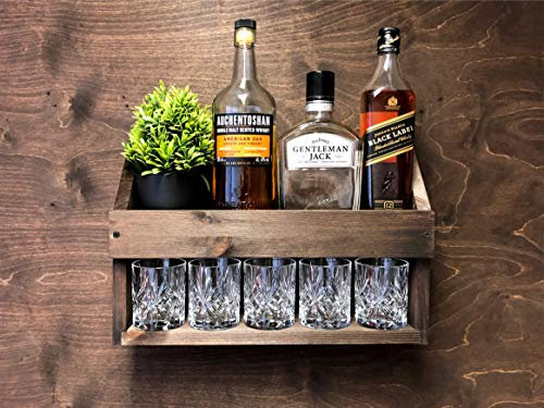 Wooden Whiskey Bottle Holder and 5 Tumbler Wall Mounted Display (W-DO)(EM)