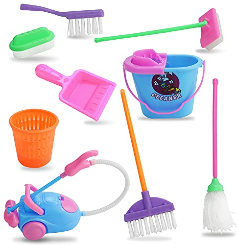 WENRERO 9 PCS Accessoires de Maison de Poupée 1/12 Miniatures Simulation Jouet de Nettoyage Plastique Outils de Nettoyage Miniatures de Maison pour Accessoires de Poupée Barbie