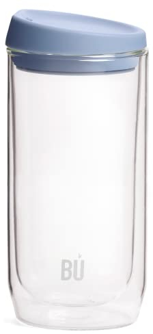 BU Products Reusable Double Walled Glass Coffee Cup | Travel Mug | Splash Proof Antibacterial Lid | BPA Free | Cappuccino Latte Flat White Glass Mugs | Vacuum Insulated | 16oz/454ml Blue