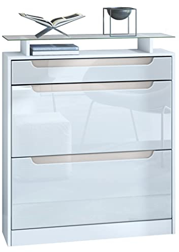 Vladon Schuhschrank Fiesta, Weiß matt/Weiß Hochglanz/Sandgrau Hochglanz Schuhkipper für 16 Paar Schuhe mit 2 Klappen (89 x 104 x 23 cm)