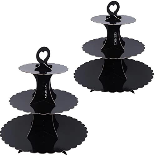 XIXIMENG 2 PACK Cardboard Cupcake Stand 3- Tier lace edge Dessert Stand, Cardboard Cupcake Stand (B-Black)