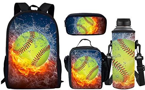 Belidome 4-teiliges Kinder-Schulrucksack-Set, Federmäppchen, Lunch-Tasche, Flaschenhalter für Jungen und Mädchen, Softball für Wasserfeuer, Einheitsgröße