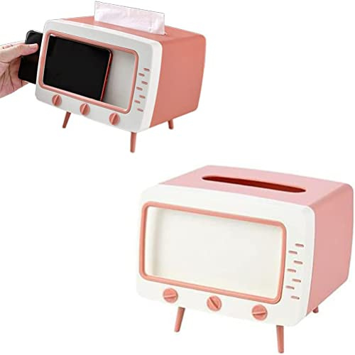 2 in 1 Tissue Box Holder with Phone Stand, Cute Retro TV Shaped Tissue Box Rectangular Multifunction Tissue Holder Bedroom Facial Tissue Dispenser Box Holder for Bedroom, Bathroom, Office
