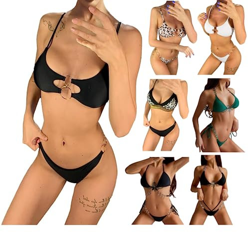 Ringe Damen Zweiteilige weibliche Bademode Anzug Bikini Sexy Badeanzug Metall Set Badeanzug Tanga brasilianische Bademode Tankinis Set Badeanzug Shorts, Schwarz, S