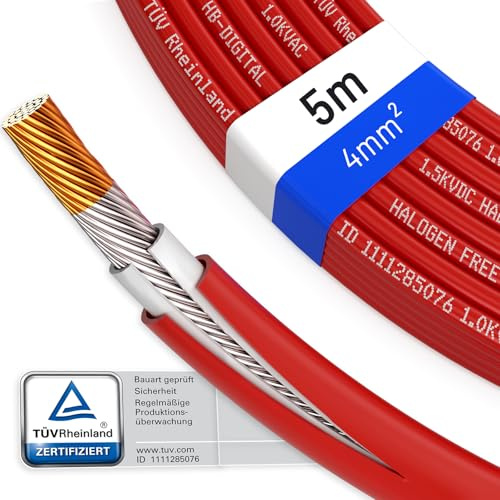 HB-DIGITAL 5m Solarkabel 4mm² H1Z2Z2-K TÜV Rheinland geprüft UV-beständig flexibel PV Kabel Reines Kupfer 1500V Verlängerungskabel Photovoltaik für Solarpanel Laderegler rot