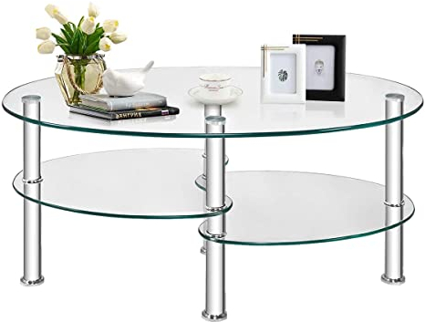 Multigot Tempered Glass Coffee Table, 3-Tier Cocktail Center Table with Open Shelf and Heavy-duty Steel Frame, Oval Snack Tea Sofa Side End Table for Living Room Office (Transparent)