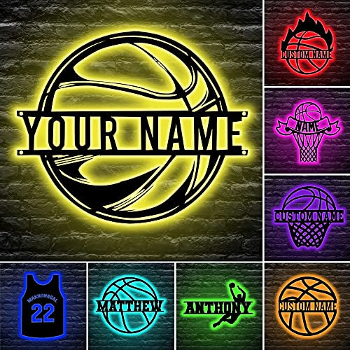 Personalized Basketball Wall Decor with Led Lights Sport Lamp Custom Neon Name Sign 16 Colors Changing with Remote Control Christmas Night Light Metal Wall Art Birthday Gifts for Kids Boys Bedroom