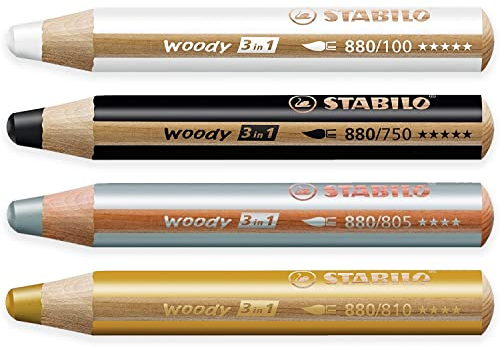 STABILO Multitalent Bleistift woody 3in1 - 4 Stück - Schwarz, Weiß, Gold & Silber