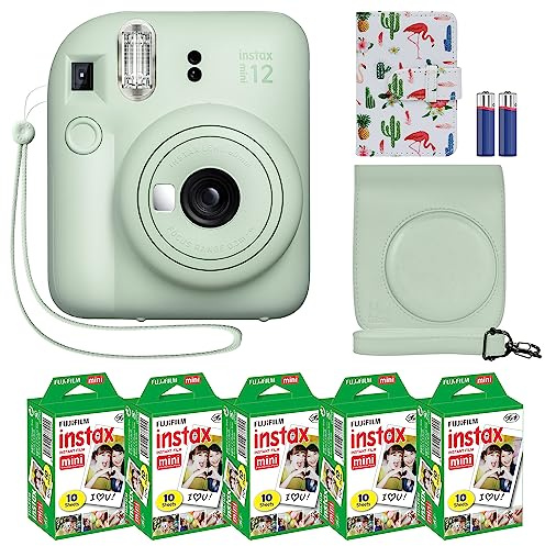 Fujifilm Instax Mini 12 Instant Camera + MiniMate Accessory Bundle & Compatible Custom Case + Fuji Instax Film Value Pack (50 Sheets) Flamingo Designer Photo Album (Mint Green)