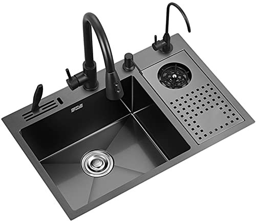 Abgestuftes manuelles Handwaschbecken Küchenspüle mit Wasserhahn Unterbau-Küchenspüle 304 Edelstahl-Küchenbarspüle (Farbe: Schwarz, Größe: 70 x 46 x 21 cm)