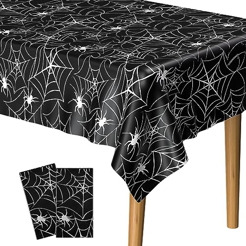 PLULON 2er-Pack Halloween-Tischdecken, 137,2 x 274,3 cm, Spinnennetz-Kunststoff-Tischdecke, fröhliche Halloween-Tischdecke für Feiertags-Dinner-Tischdekorationen, Halloween-Partyzubehör