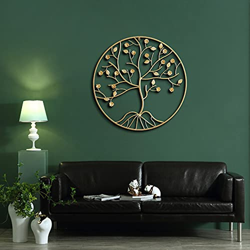 Décoration murale arbre en métal, arbre de vie de 88,9 cm avec cadre rond doré, arbre généalogique en fer forgé à suspendre, décoration de bureau à domicile, for chambre à coucher, salon, sculpture