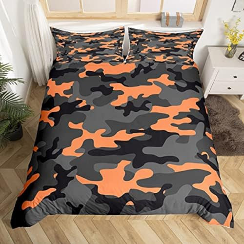 Bettwäsche 155x220 Tarnung Muster Bettbezug Set 3Tlg, Orangegraues Tarnmuster Der Armee Bettwäsche-Sets 155x220cm Mikrofaser mit 2 Kissenbezüge 80x80cm, Weiche Atmungsaktive Allergiker Bettdeckenbezug