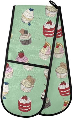 Double Oven Gloves Cupcake Green Heat Resistant Pot Holder Oven Mitt Gloves for BBQ Cooking Baking Grilling Microwave