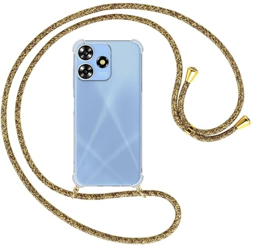 mtb more energy® Handykette kompatibel mit ZTE Blade A73 4G - Natural/Goldfarbene Ösen - Smartphone Hülle zum Umhängen - Anti Shock Full TPU Case