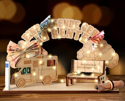 Giftota Lustige Ruhestand Geschenk mit LED Lichterkette, Rentner Geschenk Mann Frau, Rentner Geschenk Holz, Originelles Geldgeschenk mit Rentnerbank, Wohnmobil, Lebensbaum Dekoration