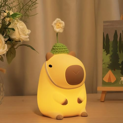 CooPark Capybara Nachtlicht, Geburtstagsgeschenkidee für Kinder, Niedliche Touch Blume Silikon Nachttischlampe mit Timer Dimmbar, Tier Tragbares Nachtlicht, Schlafzimmer Dekor USB Wiederaufladbar