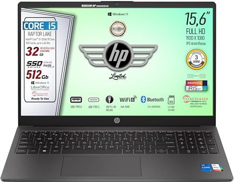 HP Ordinateur portable, ordinateur portable, Core I5-1334U, écran 15,6 FHD, RAM 32 Go, SSD PCie 512 Go, bt, USB-C, HDMI, Wi-Fi6, Ext Lan, Win 11, Libre Office, Cyber-Saver, prêt à l'emploi, 3 ans de