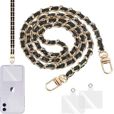 Correa de cadena para móvil con 2 parches de repuesto, cordón para bolso de piel sintética de aluminio, soporte para teléfono móvil de mujer, correa antipérdida larga para la mayoría de smartphones,