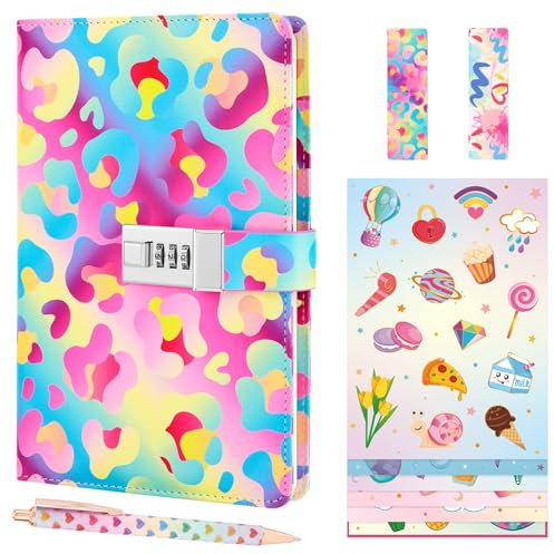 WERNNSAI Kids Diary Set Girls Leopard Diary with Lock Teens Secret Journal Set, Waterproof Leather Diary for girls, Teens A5 Journal Gift Set with 6 Stickers Papers, 1pc Bookmark and 1pc Writing Pen