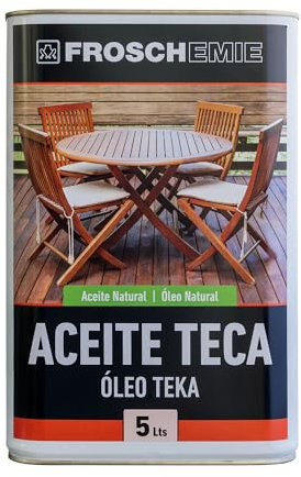 Aceite de Teca Natural FROSCHEMIE con Ingredientes naturales | Fácil aplicación, filtro solar y repelente al agua | Enriquece la madera | Protege de la intemperie | Color Teca 5L
